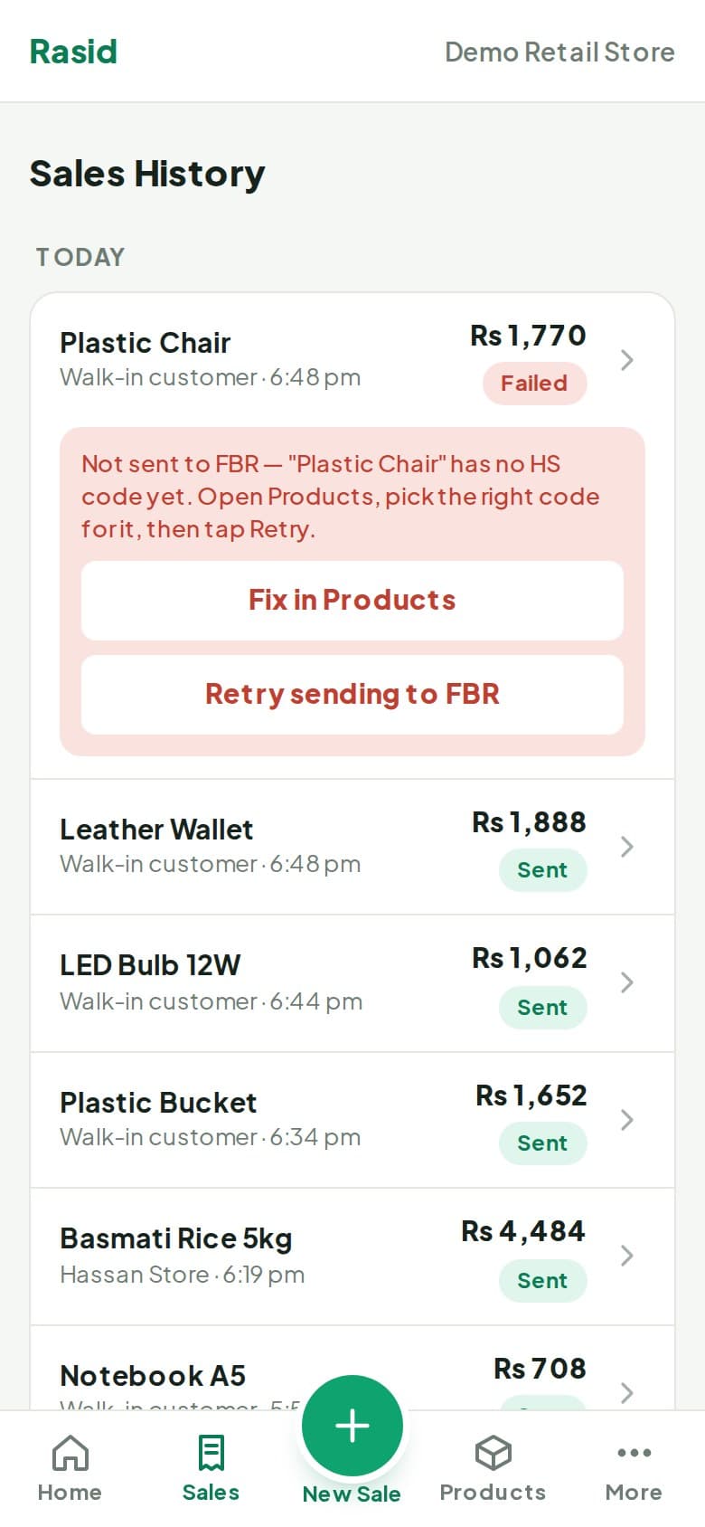 Rasid sales history showing each sale's FBR status and a retry button